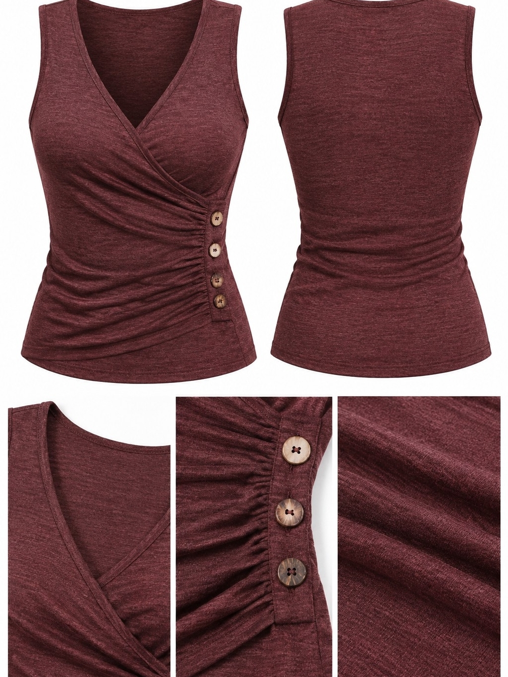 Sleeveless Wrap-Style Button Detail Tank Top - Burgundy